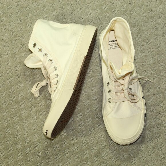 Balenciaga Unisex Ivory Paris Distressed Canvas High-Top Sneakers Shoes - Picture 2 of 7